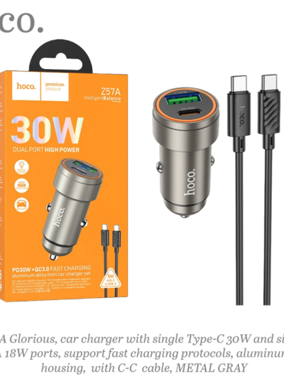 Z57A Glorious Car Charger Set 30W PD + QC3.0 Fast Charging, USB-C to USB-C Cable Included– Metal Gray – HOCO