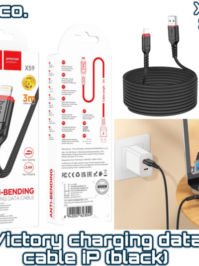 X59 Victory PD Charging Data Cable for iPhone – 3M Nylon Braided, USB-C to Lightning, Fast Charge & Sync – Black – HOCO