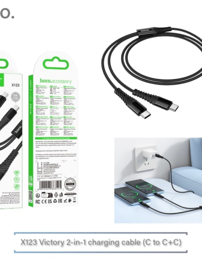 X123 Victory 2-in-1 Charging Cable – Type-C to C + C, Fast Charge & Sync, Durable Design – Black – HOCO