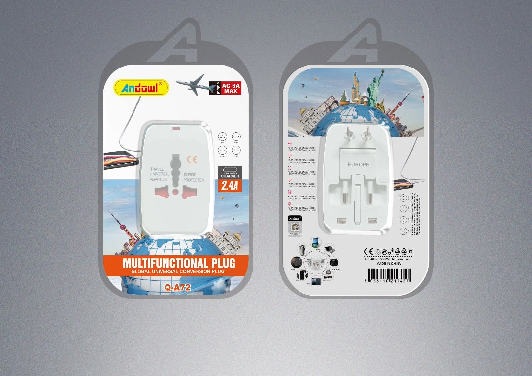 Q-A72 Universal Travel Adaptor With 2 USB, 1 Type-C Port Andowl