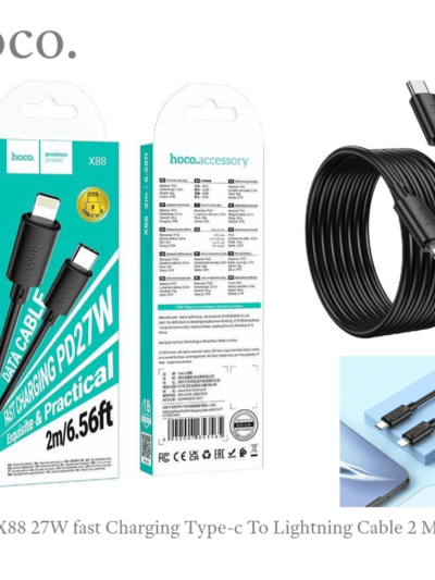 X88 Gratified PD27W Charging Data Cable – Type-C to Lightning, 2M Nylon Braided Fast Charge & Sync– Black – HOCO