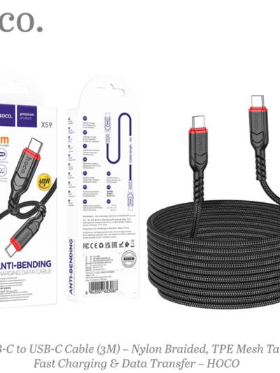 X59 Victory 60W Charging Data Cable – Type-C to Type-C, 3M Nylon Braided Fast Charge & Sync–Black–HOCO