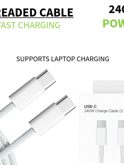 240W USB-C to USB-C Braided Cable – 2m (Retail Packaging, Supports Laptop Charging)