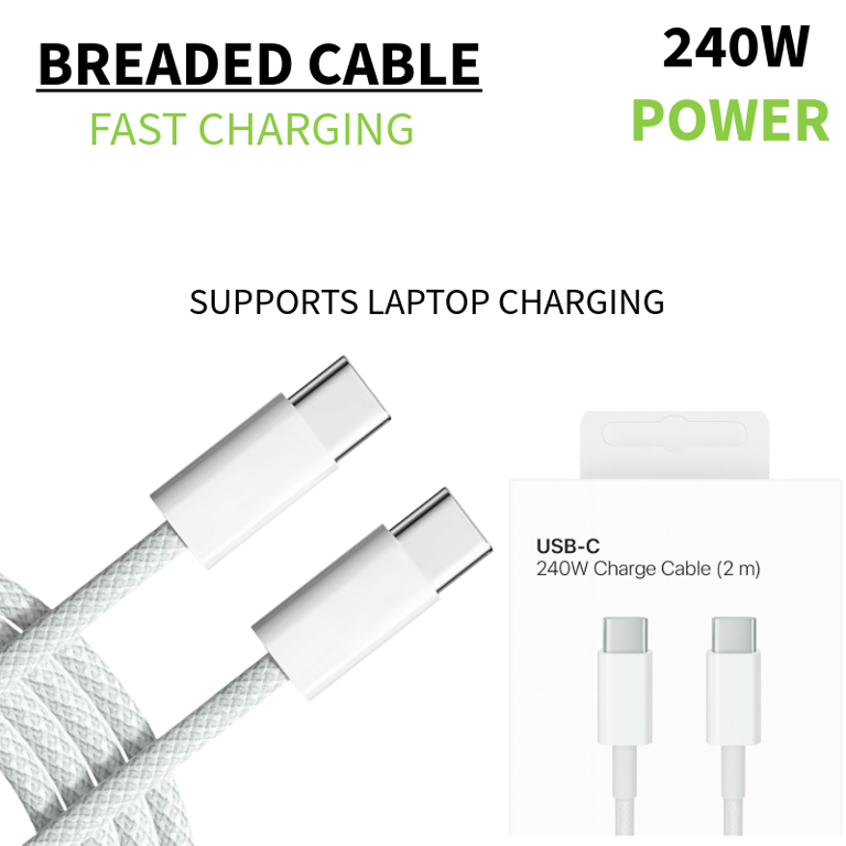 240W USB-C to USB-C Braided Cable – 2m (Retail Packaging, Supports Laptop Charging)