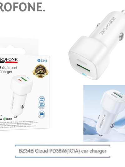 BZ34B Cloud PD38W Car Charger – Dual-Port USB-A + USB-C Fast Charging Lighter Socket Adapter – White – BOROFONE