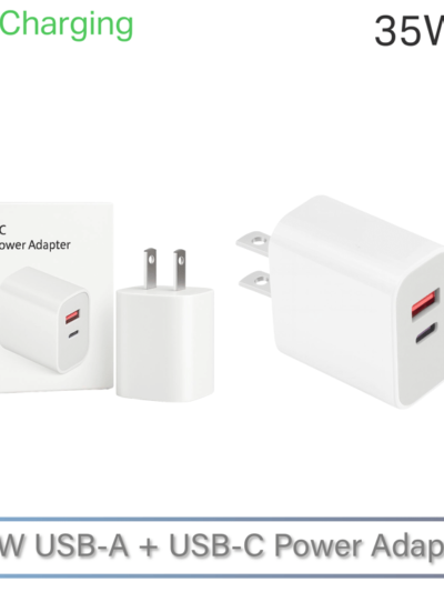 35W USB-A + USB-C Charging Adapter – Fast Charge Wall Plug with Retail Packaging –White